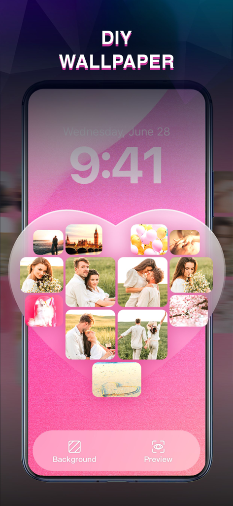 A smartphone screen showing the DIY wallpaper creator in the OPixels app featuring a heart shaped photo collage.