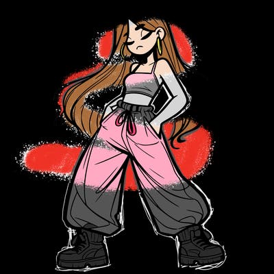 girl in baggy pants crop top and long hair