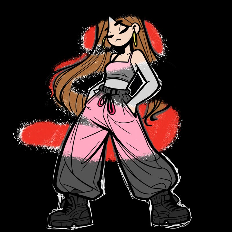 girl in baggy pants crop top and long hair