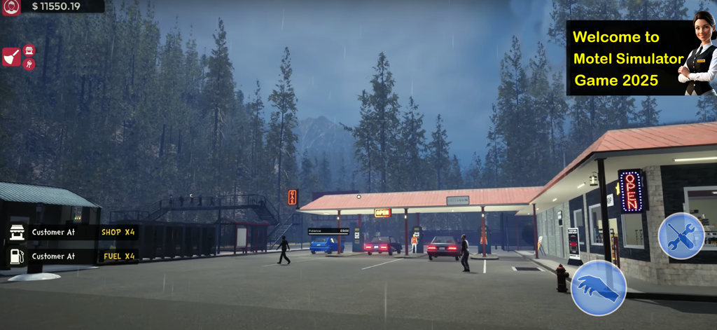 Motel Manager Supermarket Game - Exterior view of the motel and gas station in Motel Manager Supermarket Game