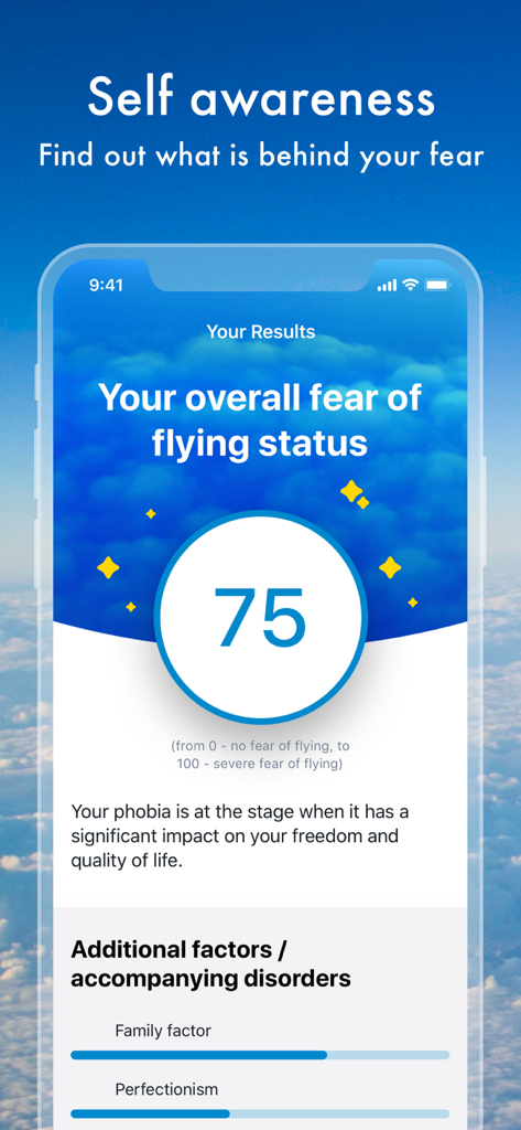 Flight Buddy: Calm Flying - Captura de pantalla de la aplicación Flight Buddy que muestra una puntuación de evaluación de miedo a volar de 75 y factores psicológicos adicionales.