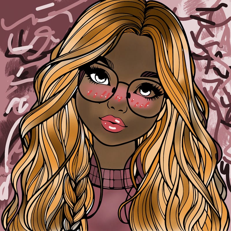 girl with long hair and freckles and glasses realistic