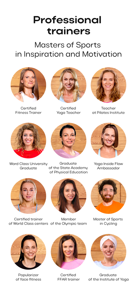 Una colección de instructores certificados de fitness, yoga y pilates de la app GymTeam que muestran sus cualificaciones profesionales.