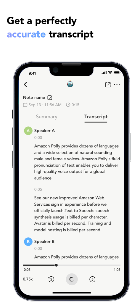 NoteGen - AI Note Taking - NoteGen app on iPhone showing a speaker-labeled AI transcription with audio playback controls.