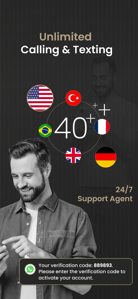 2nd Line+ Second Phone Number - 2nd Line app showing unlimited calling texting and SMS verification in over 40 countries