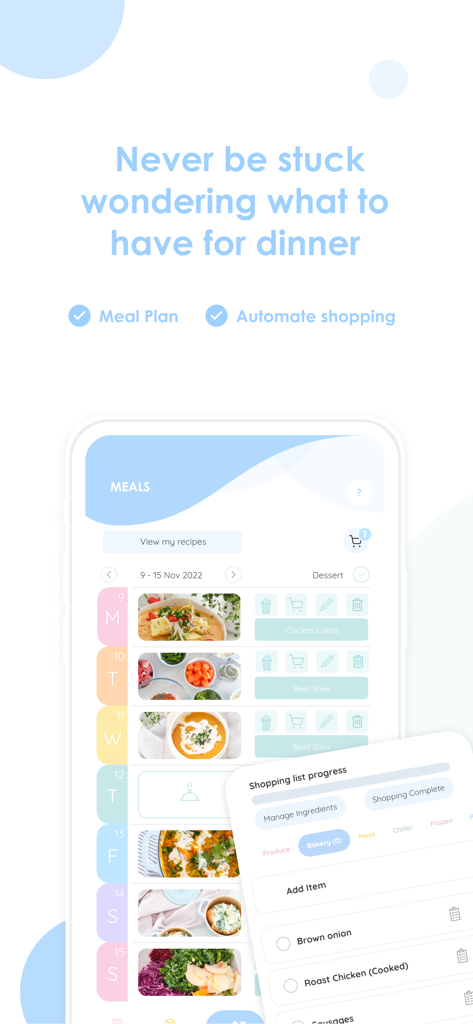 Picketアプリのスクリーンショット。レシピ画像付きの週次ミールプランナーと、自動買い物リストのオーバーレイが表示されています。