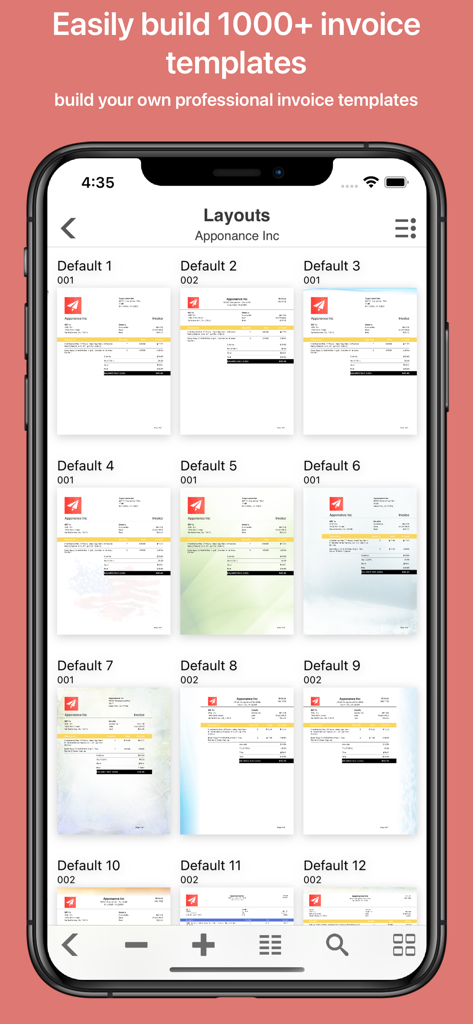 Uma tela de celular mostrando uma galeria de vários layouts de modelos de faturas profissionais dentro do aplicativo Invoice Master