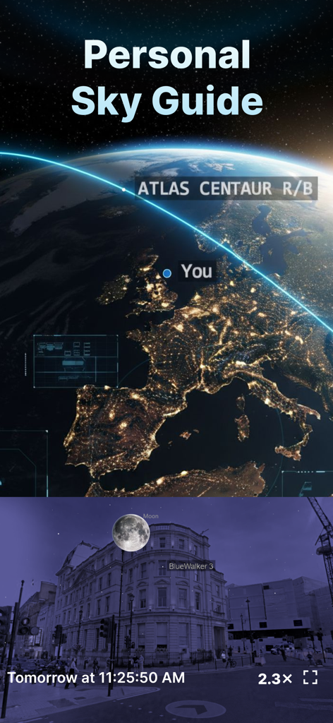 Star Tracker - Night Sky Map - Interfaz de la aplicación Star Tracker que muestra el seguimiento de satélites en un mapa mundial y una vista AR de la luna y las estrellas sobre una ciudad