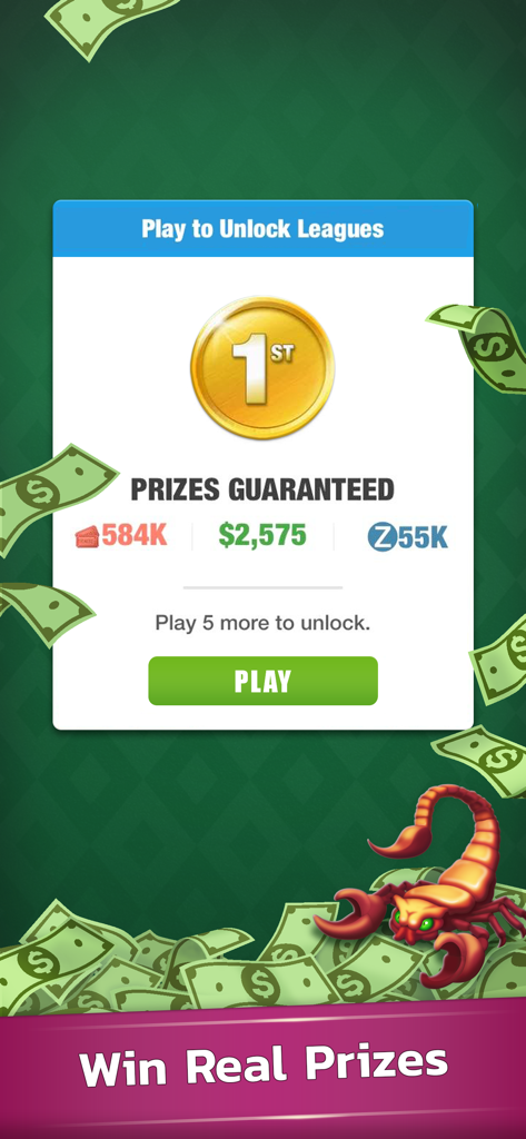 Scorpion Solitaire Skillz Game - Interfaz de Scorpion Solitaire Skillz que muestra recompensas de premios y el estado de desbloqueo de liga