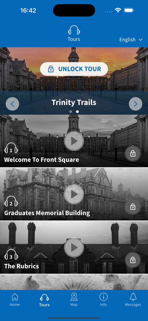 Visit Trinityアプリのインターフェース。トリニティカレッジダブリンの歴史的場所のオーディオガイドとウォーキングツアーが表示されています。