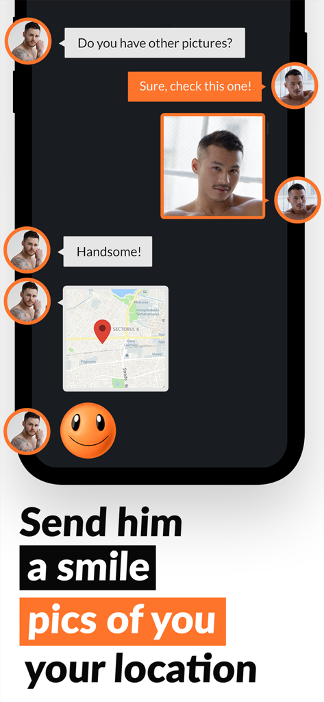 Screenshot of Adam4Adam app chat interface showing photo sharing, messaging, and location sharing features
