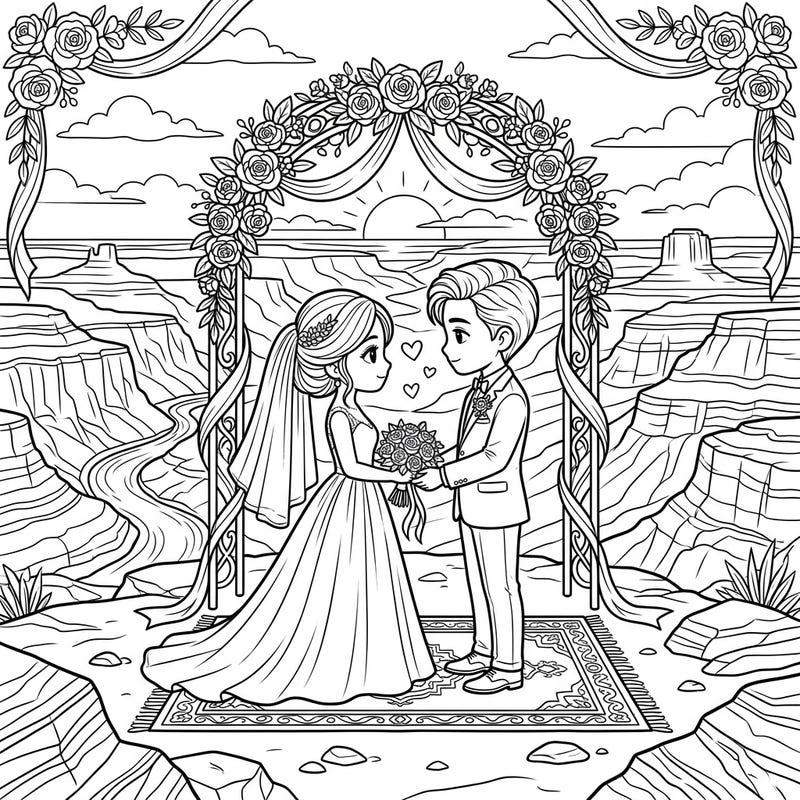 Experience the beauty of a wedding set against an awe-inspiring canyon backdrop with this unique coloring page. This intricate design invites you to bring a scenic love story to life with your favorite colors.