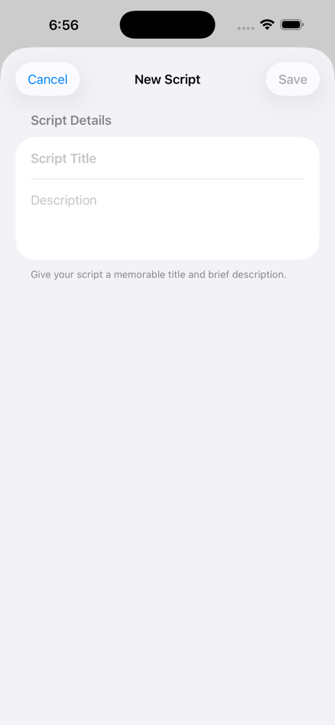 Teleprompter Pro for Creators - Mobile app interface for creating a new script with title and description fields in Teleprompter Pro for Creators