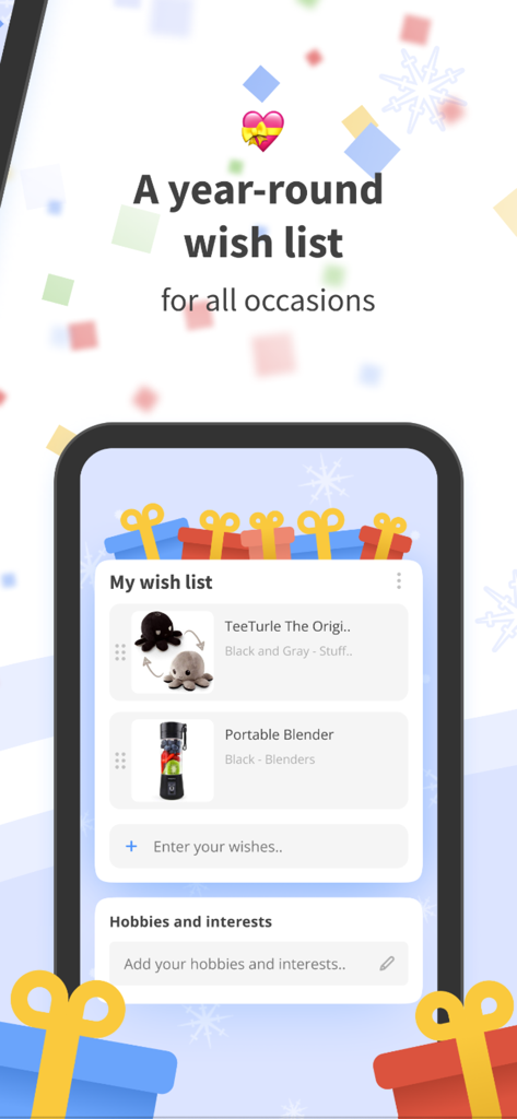 drawnames | Secret Santa app - Interfaz de la app de Drawnames mostrando una lista de deseos para todo el año con artículos de regalo y pasatiempos para eventos de Amigo Invisible.