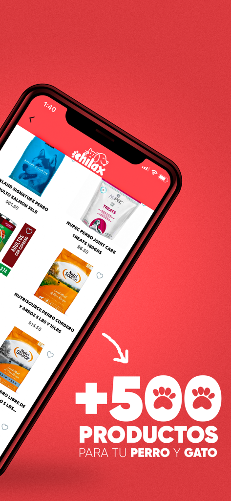 Chilax ES - Chilax ES mobile app catalog showing pet food products and over 500 options for dogs and cats