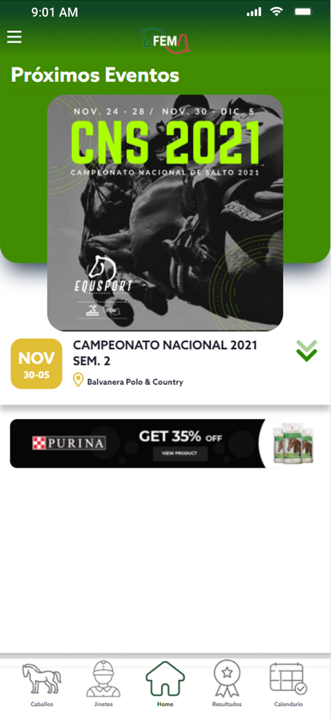 FEM - The home screen of the FEM app displaying upcoming national horse jumping events and navigation options