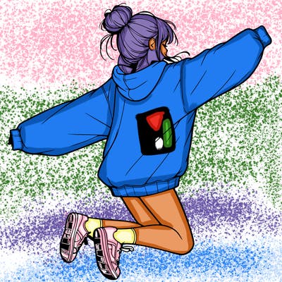 realistic girl jumping with a bun and oversized sweatshirt