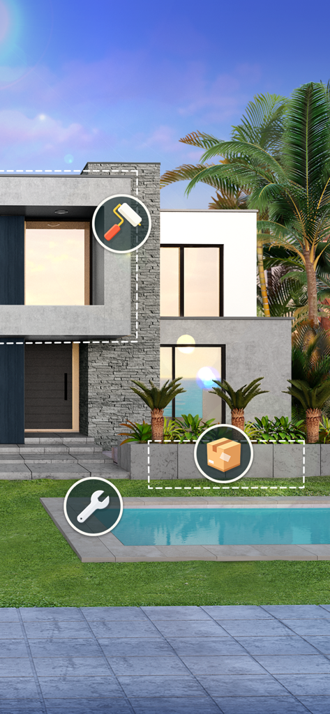 Home Design : Paradise Life - Exterior of a modern house with a pool and renovation icons in a tropical setting