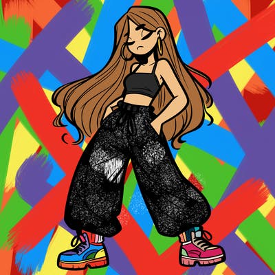 girl in baggy pants crop top and long hair