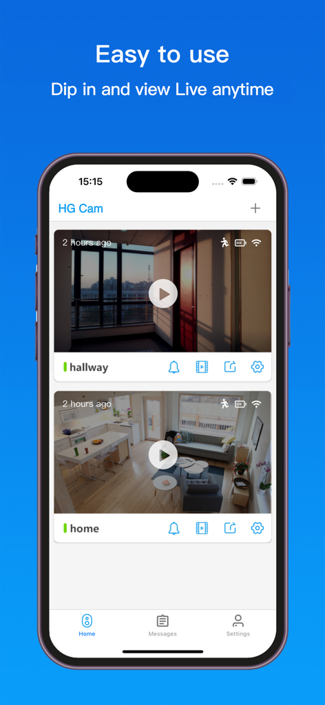 HG Cam - Screenshot of the HG Cam mobile app on an iPhone displaying live security camera feeds for home and hallway monitoring.
