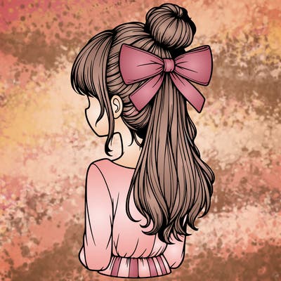 realistic girl  with hip length hair a bun and a big bow on the back of head