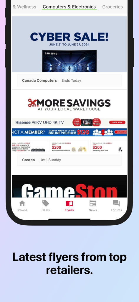 RedFlagDeals app interface displaying digital shopping flyers from retailers like Canada Computers and Costco