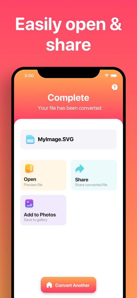 Der Vektorkonverter App-Bildschirm zeigt eine abgeschlossene Dateikonvertierung nach SVG mit Optionen zum Öffnen, Teilen oder Speichern in Fotos