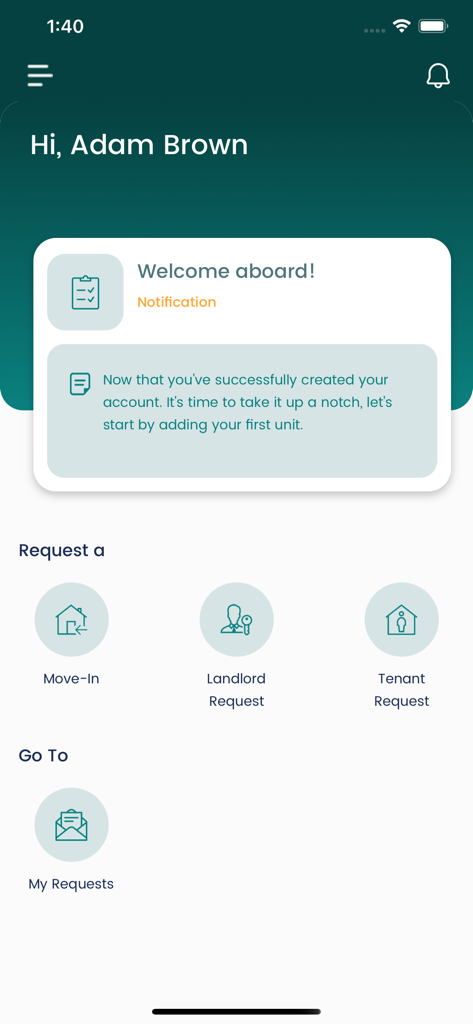 Socienta - User interface of Socienta property management app showing a welcome greeting and service request options like move-in and landlord requests.