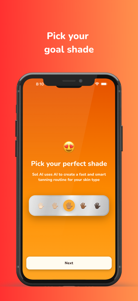 Sol AI: UV Index & Tanning - A mobile app interface for selecting a target skin shade to create a personalized tanning routine.