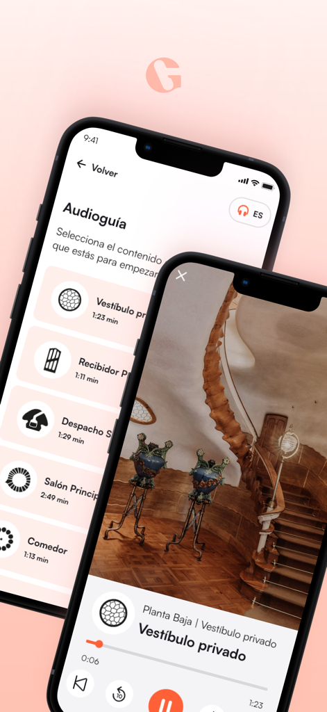 Interfaccia mobile dell'app Gaudi che mostra una guida audio per i tour di Casa Batllo.