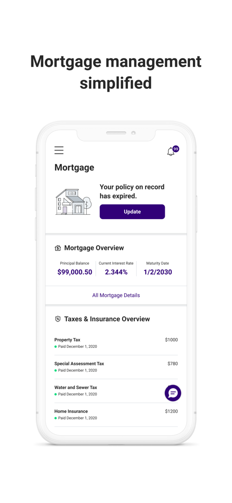 Your Mortgage Online - Mobile App-Oberfläche für Ihre Hypothek Online mit Übersicht über Saldo, Zinssatz und Steuern