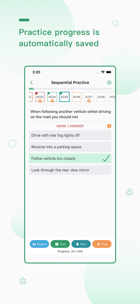 The Malta Driving Theory Test app interface showing a practice question with the correct answer selected and a progress bar.