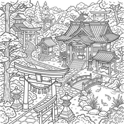 Step into the serene world of Japanese culture with this stunning full scene coloring page featuring majestic Shinto shrines. Explore intricate details from iconic torii gates to peaceful temple grounds, perfect for a relaxing and educational coloring experience.