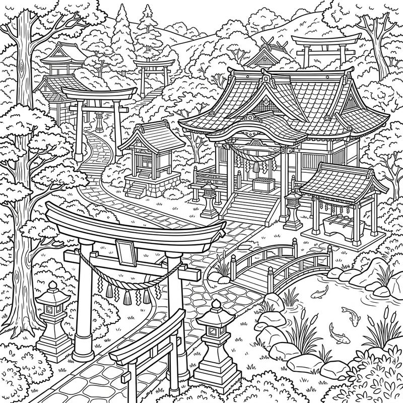 Step into the serene world of Japanese culture with this stunning full scene coloring page featuring majestic Shinto shrines. Explore intricate details from iconic torii gates to peaceful temple grounds, perfect for a relaxing and educational coloring experience.