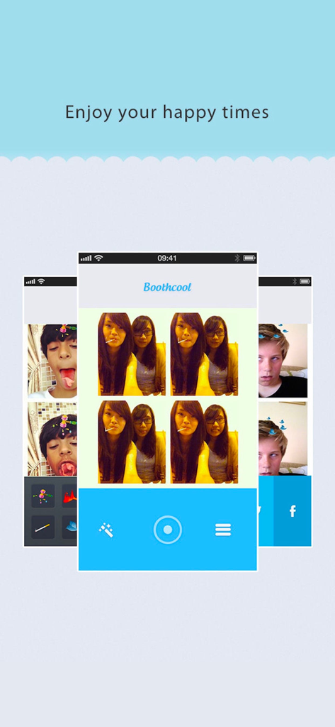BoothCool app interface showing a 2x2 photo strip with vintage filters and animated face effects.