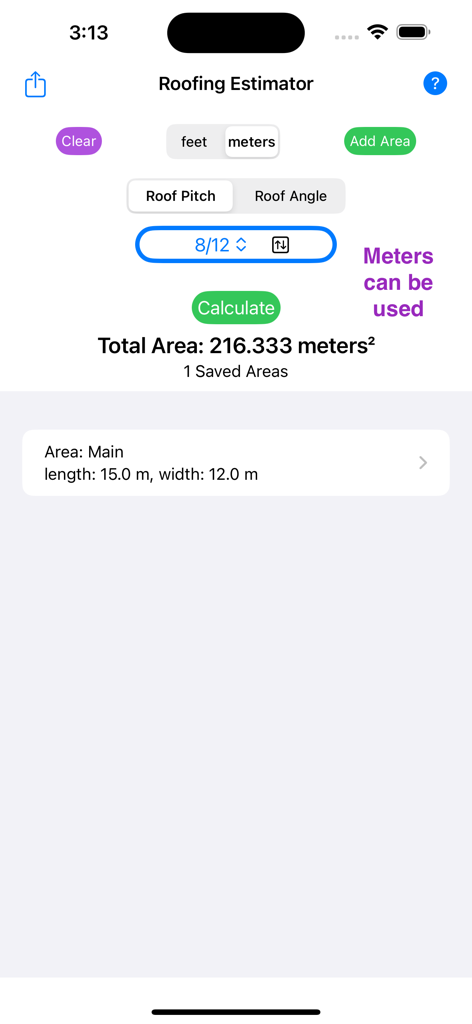 屋根面積計算アプリの画面。勾配と寸法入力による計算済み屋根面積（メートル単位）が表示されています。