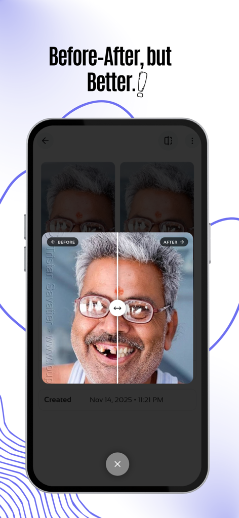 A before and after comparison of a man's smile using the Teethsi AI veneer simulator