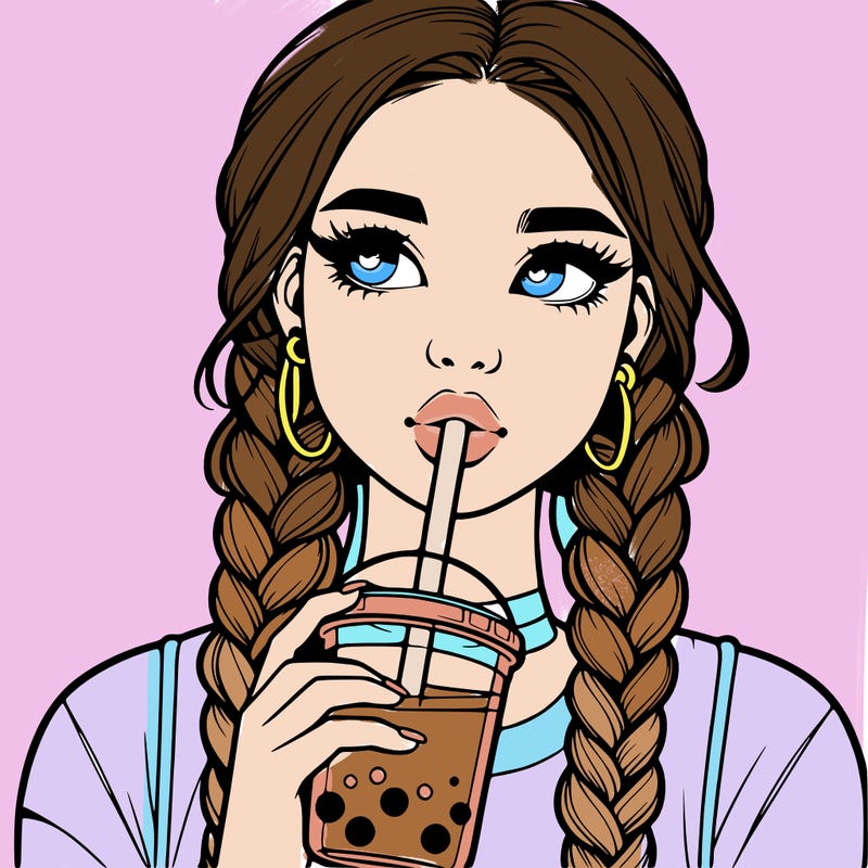 realistic girl with braided hair drinking boba