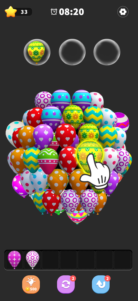 Balloon Triple Match: Match 3D - A hand selecting a colorful patterned balloon from a cluster in the Balloon Triple Match 3D mobile puzzle game