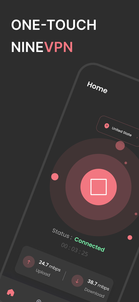미국 서버에 성공적으로 연결되었음을 나타내는 Nive VPN 앱 화면과 속도 측정값.