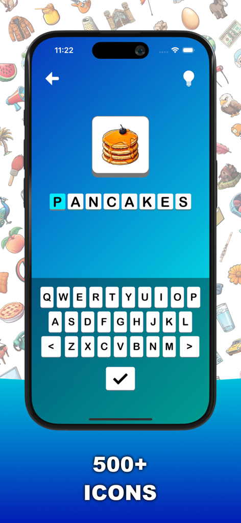 Word Detective - Un smartphone que muestra un puzzle de palabras en Word Detective con un icono de pancake y la palabra pancakes escrita.