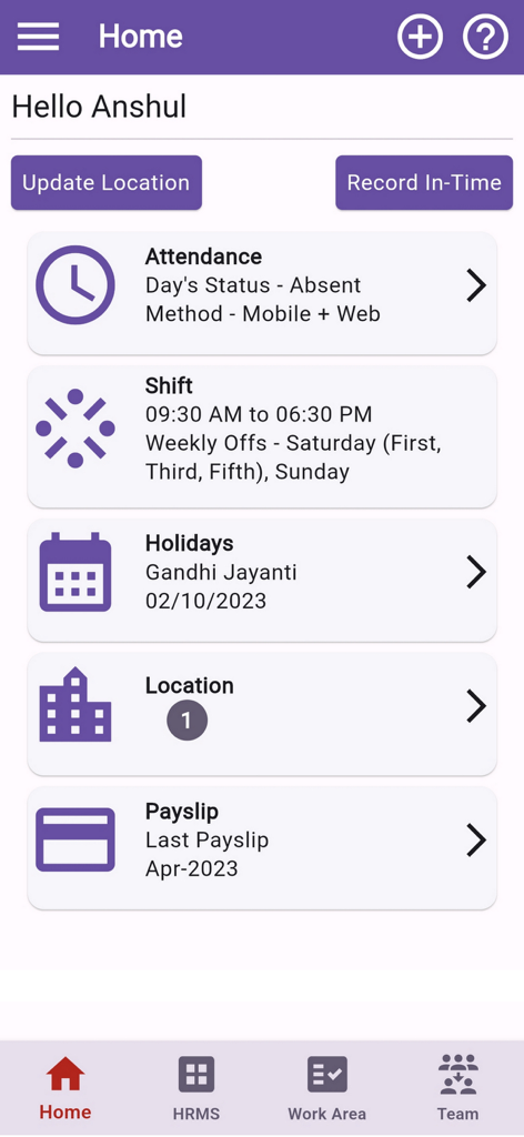 EazeWork mobile app home dashboard displaying attendance status shift timings and payslip information