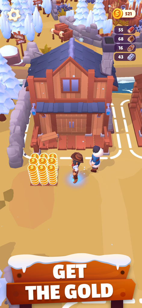 Gold Rush: Frozen Adventures - Gold Rush Frozen Adventures의 게임 플레이 스크린샷으로, 눈 덮인 풍경 속 나무 오두막 앞에 쌓인 금화 더미 옆에 서 있는 캐릭터들이 보입니다.