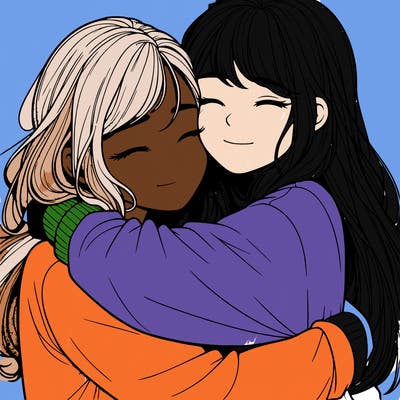 realistic two girls hugging