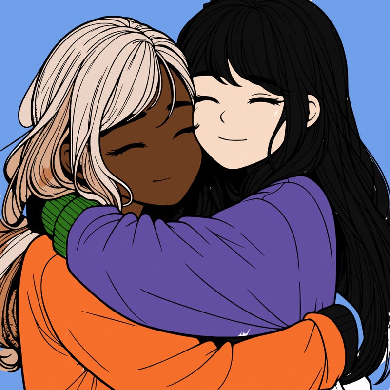 realistic two girls hugging