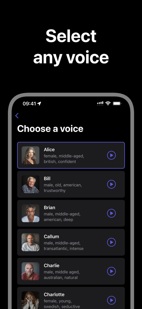 Faceless Video: AI Shorts - A menu in the AI Shorts app displaying various voice selection options with descriptions of their accent and tone.
