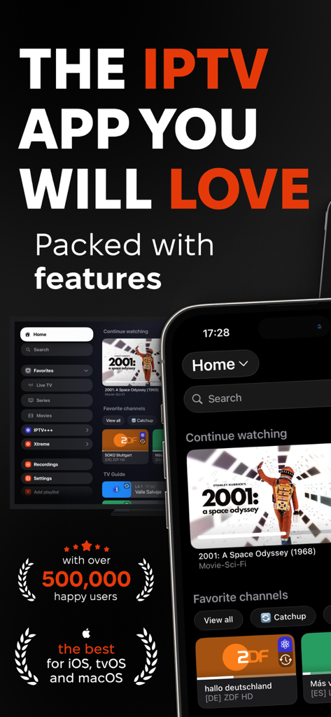 The UHF IPTV player interface displayed on an iPhone and Apple TV screen showcasing features and user ratings.