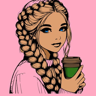 realistic girl with dutch braids and coffee