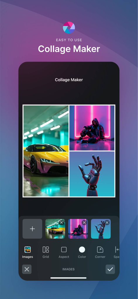 Pixlr AI Photo & Video Editor - Mobile app interface of Pixlr Collage Maker showing a photo collage with car and aesthetic images and editing tools