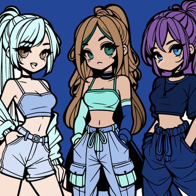 3 anime girls 1 with a crop top 2 with a ponytail 3 with a baggy pants